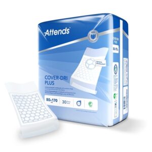 Attends Cover Dri Plus 80x170 cm 30-pack – blå förpackning med absorberande hygienunderlägg synligt