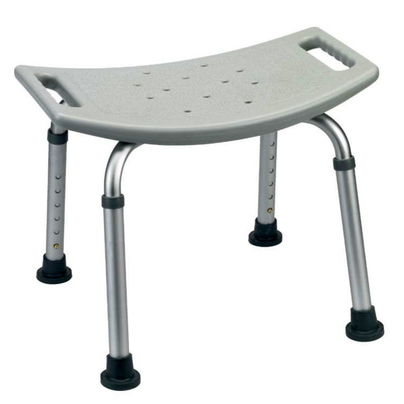 Mobilex duschpall med handgrepp – grå plastsits med vattenavrinningshål och två sidohandgrepp på aluminiumben med svarta gummidoppskor