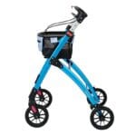 Blå Jaguar från sidan Blå rollator från sidan med JAGUAR tryckt på ramen
