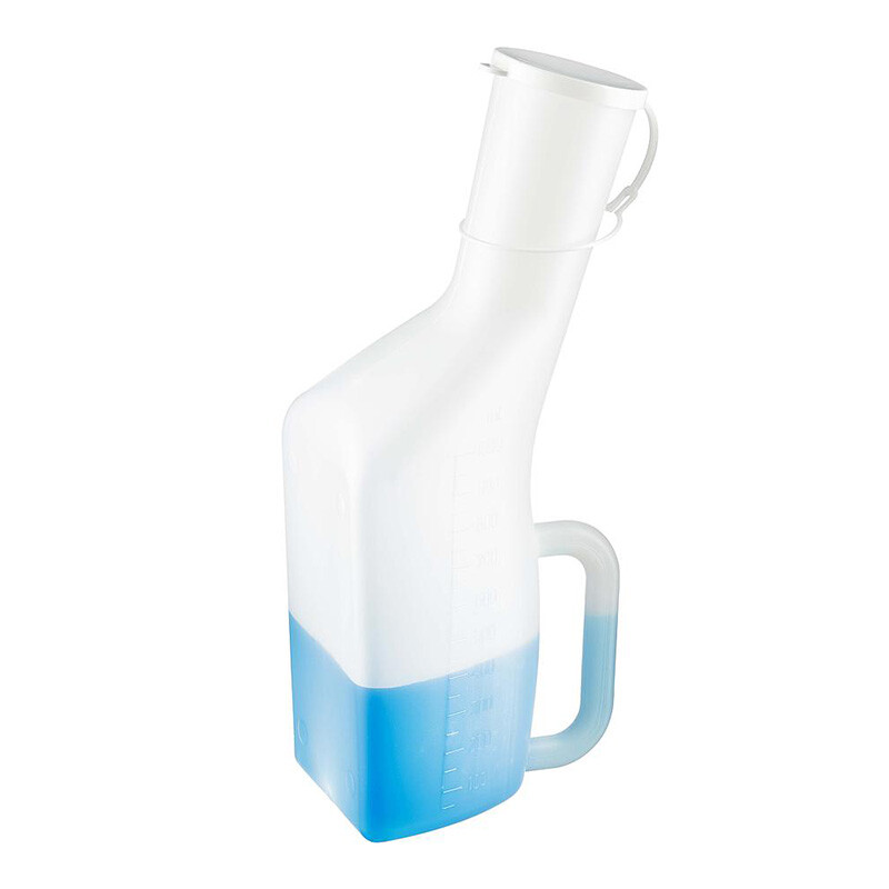 Vitility urinflaska för män med lock handtag och mängdindikator liggande rullstol