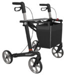 Rehasense rollator Athlon HD kolfiber utomhusrollator sedd snett framifrån med shoppingväska