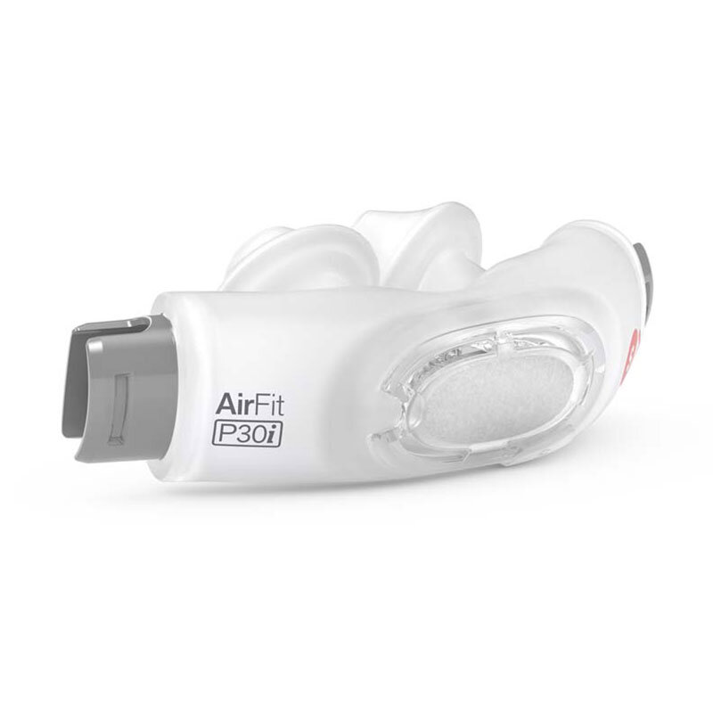 ResMed AirFit P30i mjukdel från sidan med synlig anslutning och silikonkuddar