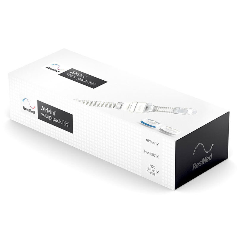 Vit förpackning ResMed AirMini setup pack N20 med slang synlig genom fönster