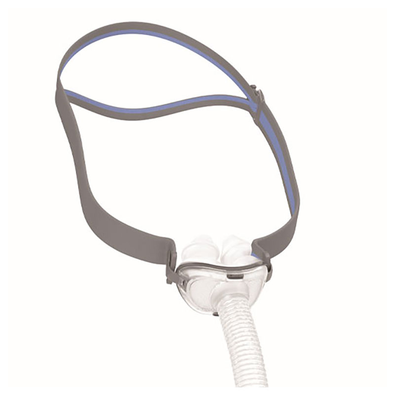 Näskuddemask AirFit P10 från Resmed – CPAP-mask med grått huvudband och vita näskuddar vid sömnapné