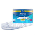 Vit förpackning med blå detaljer för absorberande underlägg