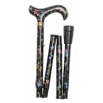 Classic Canes hopfällbar käpp Black Floral – svart vikbar aluminiumkäpp med små blå och rosa blommor över hela skaftet och derbyhandtaget