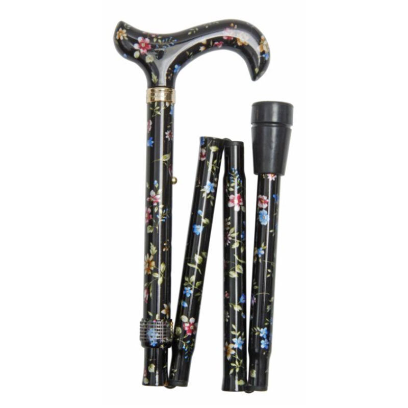 Classic Canes hopfällbar käpp Black Floral – svart vikbar aluminiumkäpp med små blå och rosa blommor över hela skaftet och derbyhandtaget