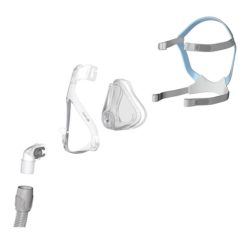 Alla delar till ResMed Quattro Air helmask – knärör, maskram, mjukdel och huvudband