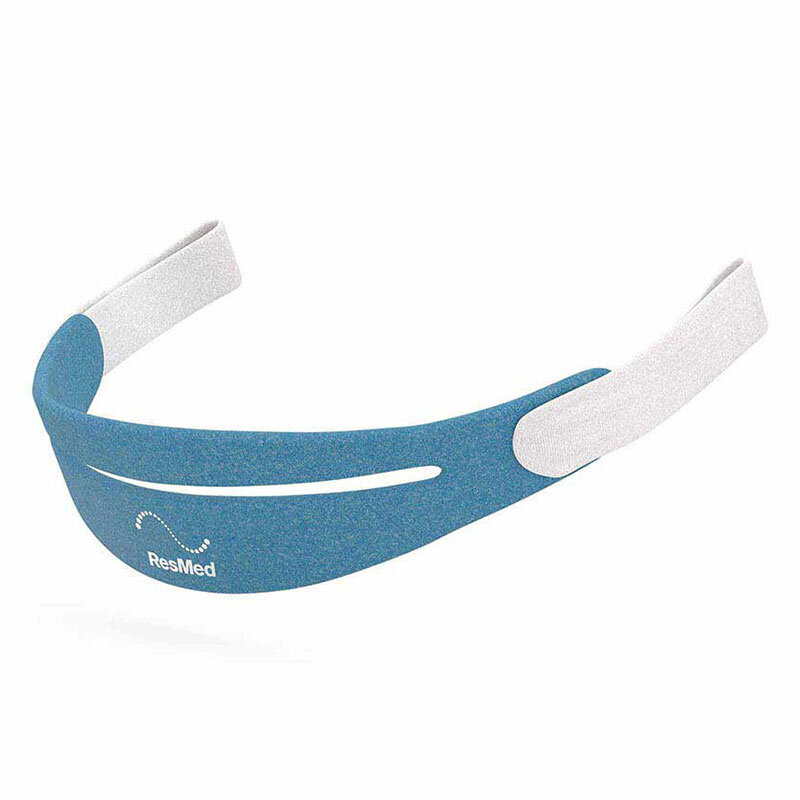 Resmed huvudband AirFit N30i P30i – blått och vitt mjukt tyghuvudband med Resmed-logotyp och kardborrjustering