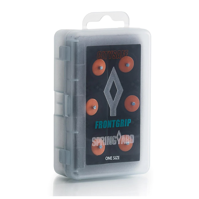 Brunngård FrontGrip CitySafe halkskydd – transparent förvaringsask med orangea broddar och Springyard-logo