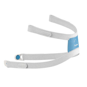 Grått elastiskt huvudband sett från sidan med kardborrändar