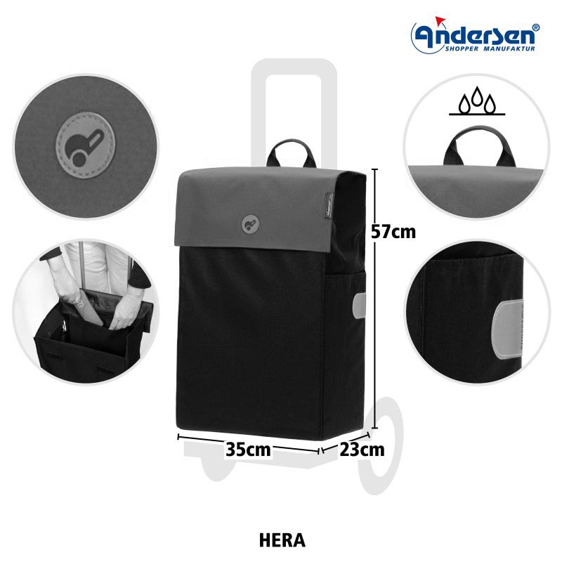 Andersen Hera shoppingsäck svart med grå topp, 35 x 57 x 23 cm, vattenavvisande tyg och kardborrfäste