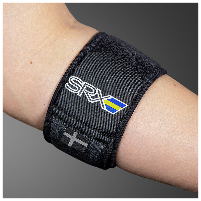 Mediroyal SRX Universal Tennisarmbågsband – svart bandage med SRX-logo runt armbåge