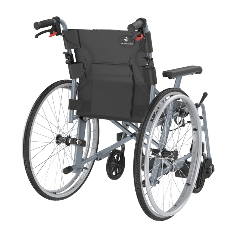 Rullstol ICON 35 LX Active bakifrån med ryggstöd och röda bromsspakar