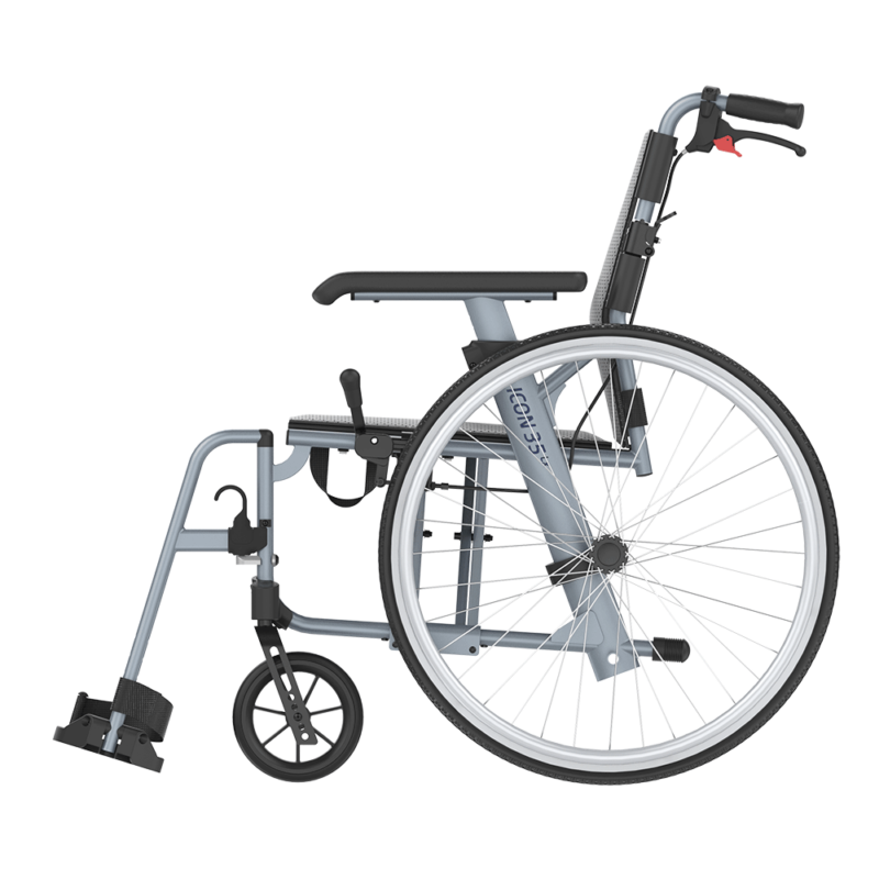 Aktivrullstol ICON 35 från sidan med krysskonstruktion och svängbart benstöd