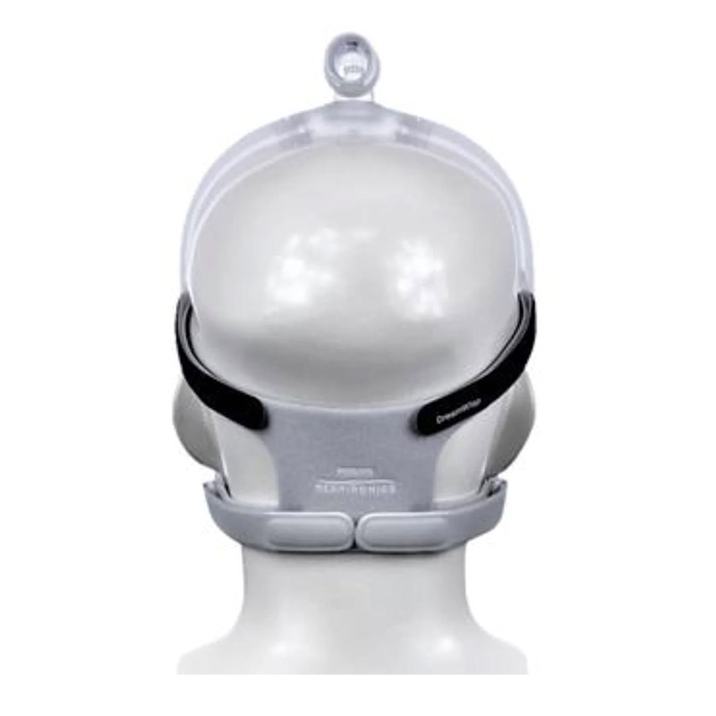 DreamWisp näsmask reservdel huvudband monterad på vit modellhuvud, sett bakifrån från Philips Respironics