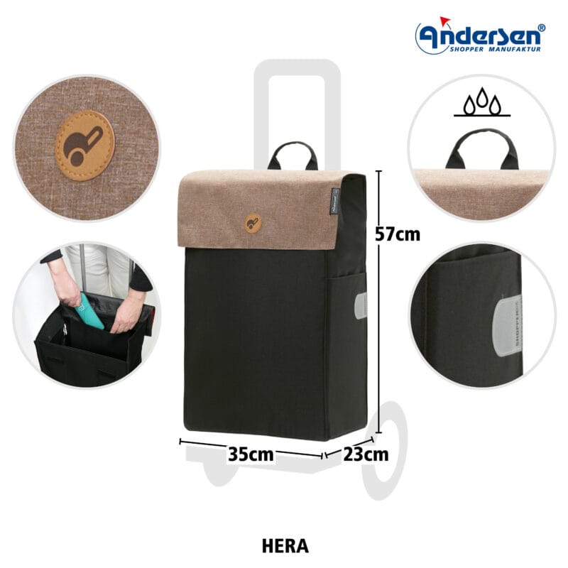 Andersen Hera-väska i sand med måtten 57 cm hög 35 cm bred och 23 cm djup