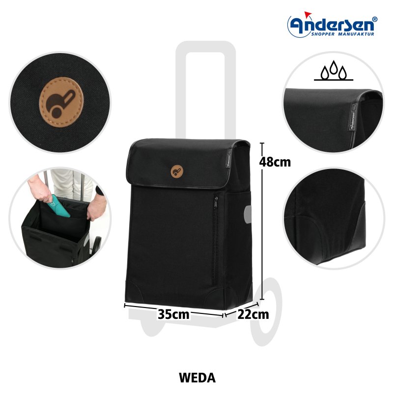 Andersen Weda svart shoppingsäck med mått 35 x 48 x 22 cm och detaljer på fickor och vattentäthet