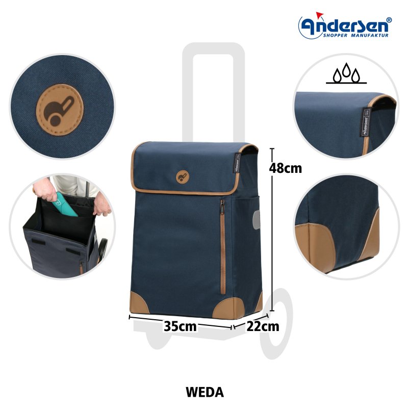 Andersen Weda blå shoppingsäck med mått 35 x 48 x 22 cm och detaljer på fickor och vattentäthet