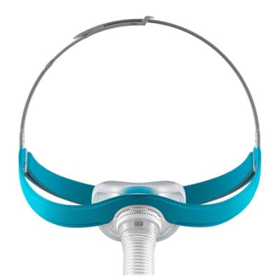 F&P Näsmask Evora CPAP med turkost CapFit-huvudband och kort slang framifrån