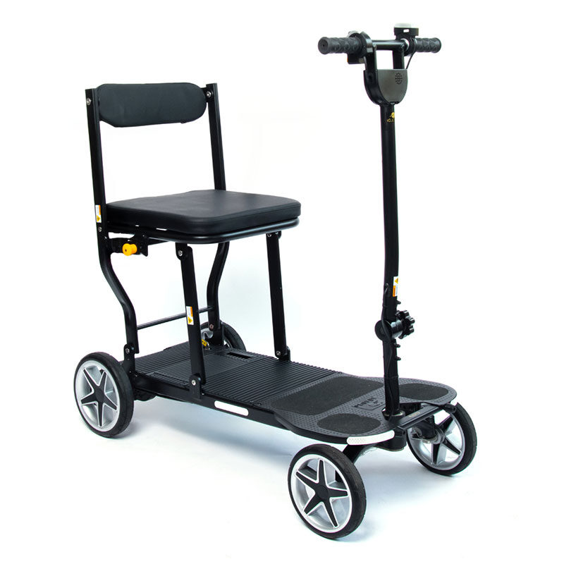 eFOLDi Compass Hopfällbar Elscooter – vänster framsida med styrkolumn och sits eFOLDi Compass hopfällbar elscooter ultralätt magnesium flyg resa