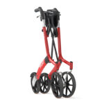 Röd Lets Go Out rollator bakifrån med stänkskärmar och fjädrade bakhjul