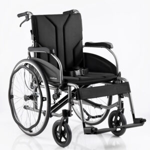 Yuwell H065C lätt hopfällbar rullstol i aluminium med svart mesh-sits, uppfällbara armstöd och stora bakhjul