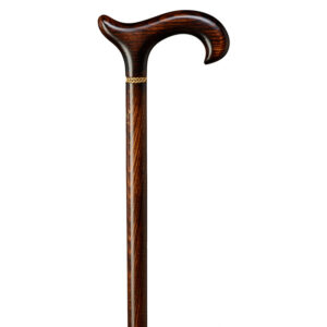 Mörkbrun handgjord käpp för smala händer i flammad bok med silkesmatt topplack och mini-derbyhandtag