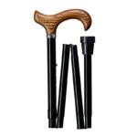 Gastrock hopfällbar käpp derby svart – svart aluminiumkäpp med derbyhandtag i ljust hårdträ och dekorativ kromkrage, hopfälld