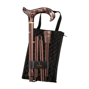 Hopfällbar käpp pärlemor brons med derby-grepp – Gastrock fällbar resekäpp aluminium ihopfälld med quiltad väska