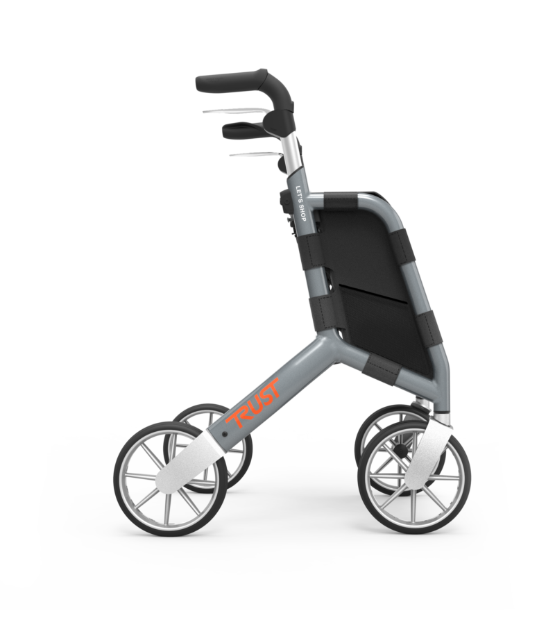 Trust Care Lets Shop rollator sedd från sidan – sidoprofil med slank design och stora hjul