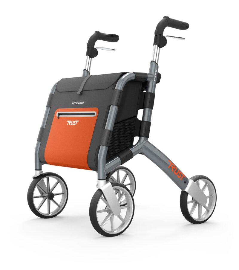 Trust Care Lets Shop rollator med shoppingväska i silver – fällbar utomhusrollator med inbyggd sits