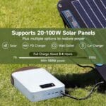 iRun Power M-300 laddas med solpanel iRun Power M-300 batteri som laddas med solpanel utomhus på gräsmatta
