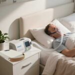 iRun Power M-300 CPAP-batteri i sovrummet CPAP-maskin ansluten till iRun Power M-300 på nattduksbord, man sover med mask