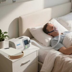 CPAP-maskin ansluten till iRun Power M-300 på nattduksbord, man sover med mask