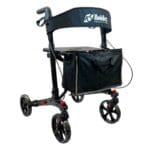 Mobilex Black Panther Compact – hela rollatorn Mobilex rollator Black Panther Compact i svart sedd snett framifrån med sits, ryggband och väska framtill