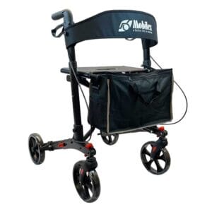 Mobilex rollator Black Panther Compact i svart sedd snett framifrån med sits, ryggband och väska framtill
