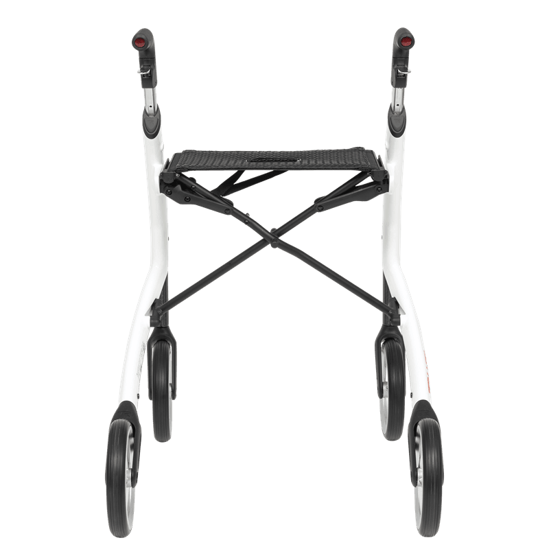 Vit rollator bakifrån med sits och fällbart kryssbeslag