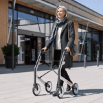 Lets Be Free i användning utomhus Kvinna som promenerar med den vita rollatorn utanför ett köpcentrum