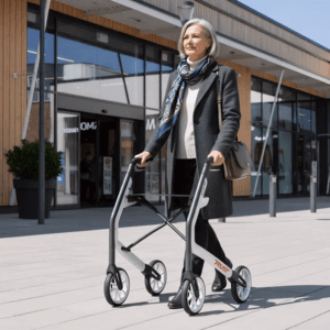Kvinna som promenerar med den vita rollatorn utanför ett köpcentrum