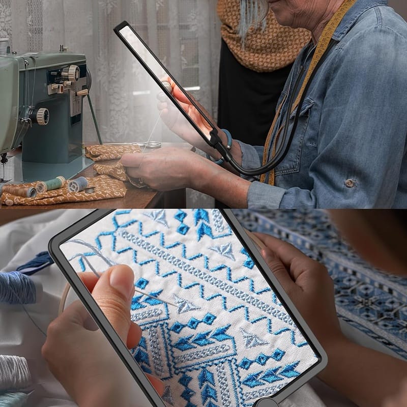 Man vid symaskinen med skärmen runt halsen och närbild på ett broderi under linsen