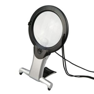 RBP förstoringsglas handsfree – runt glas på hopfällbart stativ på bordet med snöre och två inbyggda LED-lampor