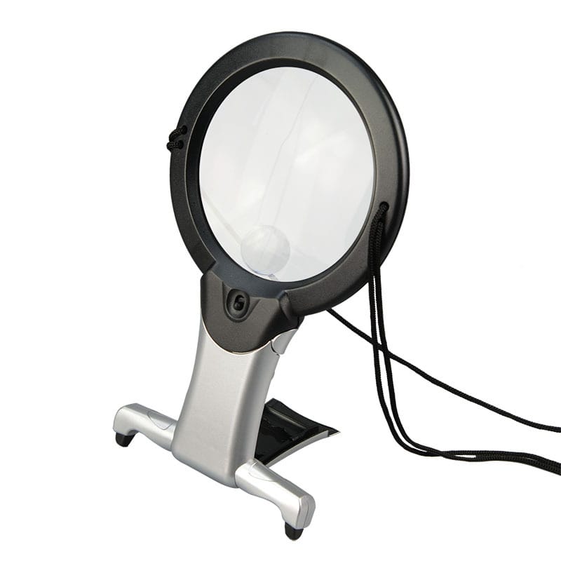 RBP Förstoringsglas Handsfree RBP förstoringsglas handsfree – runt glas på hopfällbart stativ på bordet med snöre och två inbyggda LED-lampor