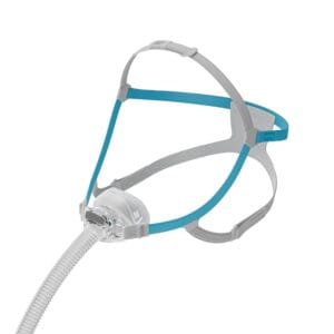 F&P näsmask Nova Nasal med turkost och grått SwingFit-huvudband, Fit Pack med tre kuddar för CPAP-behandling vid sömnapné