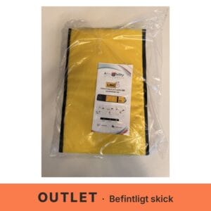 Gult benstödsbälte Allmobility LINO med svarta kanter, hopvikt i en plastpåse. Ovanpå ligger ett produktblad med bilder av hur bältet används med vridplatta och måtten 26 cm, 105 cm och 120 kg. – outletexemplar i befintligt skick