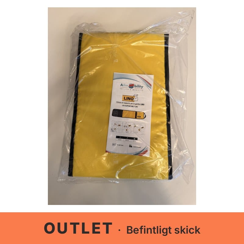 Gult benstödsbälte Allmobility LINO med svarta kanter, hopvikt i en plastpåse. Ovanpå ligger ett produktblad med bilder av hur bältet används med vridplatta och måtten 26 cm, 105 cm och 120 kg. – outletexemplar i befintligt skick